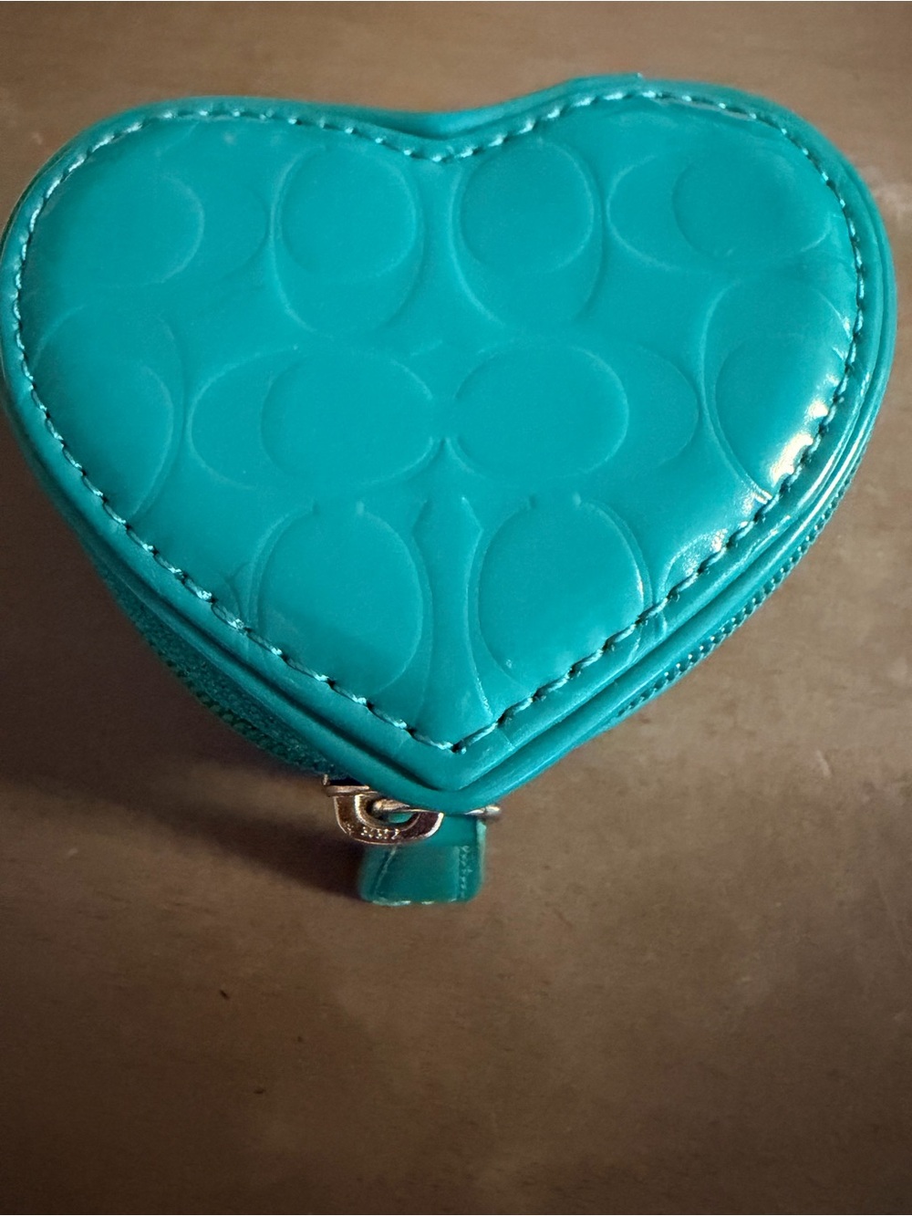 Coach Heart-Shaped Teal Zip Jewelry Case